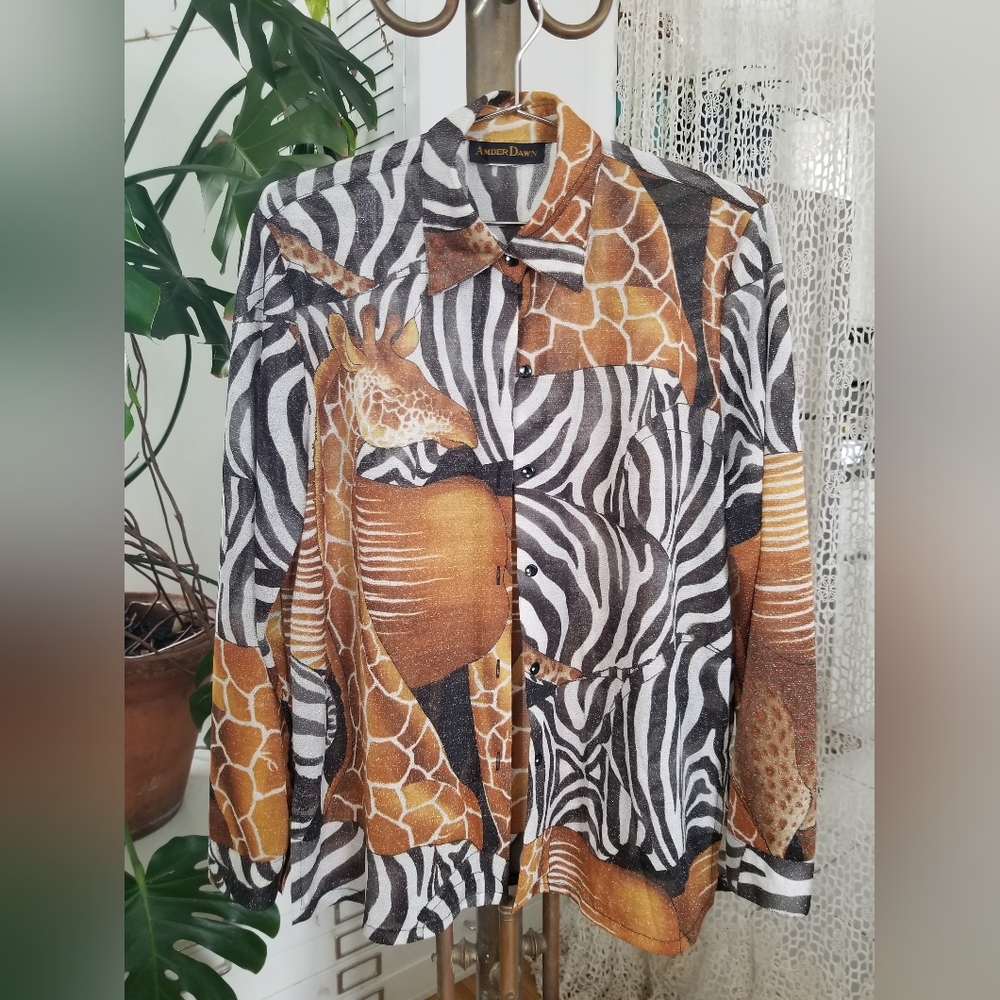 Giraffe and Zebra Motif Sparkly Sheer Shirt by Amber Dawn